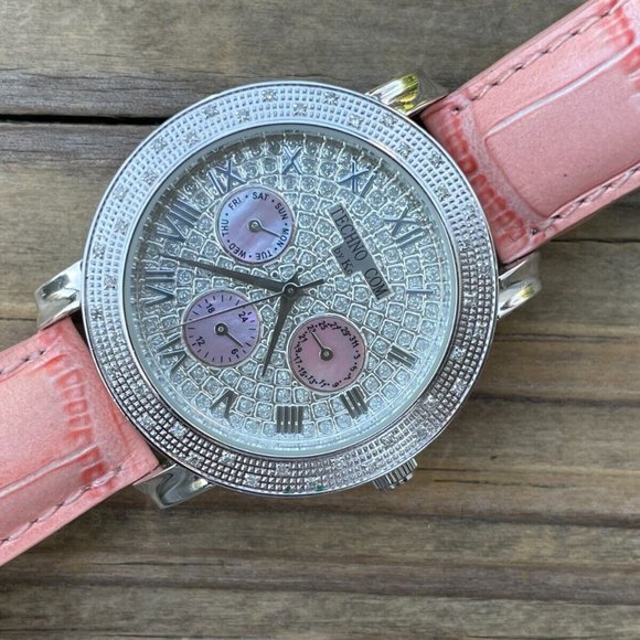 Techno Women Watch Pink Leather Band Analog Multifunction Ladies Wrist Watch - Picture 5 of 12